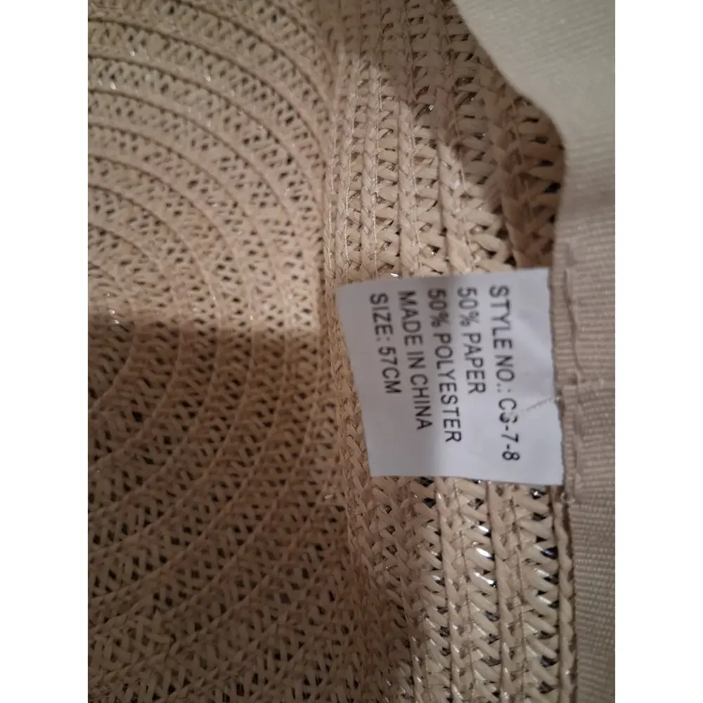 Women's Tan Straw Sun Hat Leopard Scarf Tie Wide Brim Style CS-7-8 Size 57cm